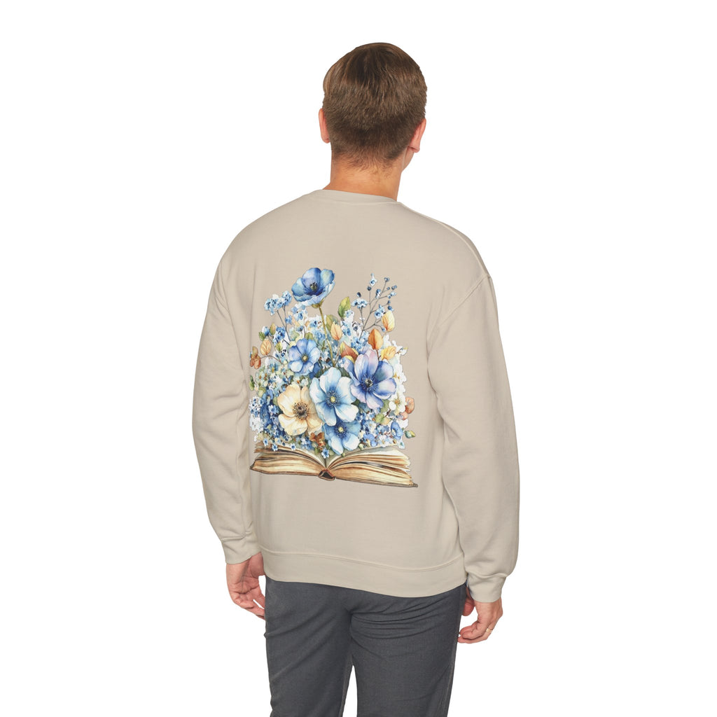 ORVIAN — Blue Watercolor Floral Book Crewneck, Open Book Wildflower Literary Unisex Heavy Blend