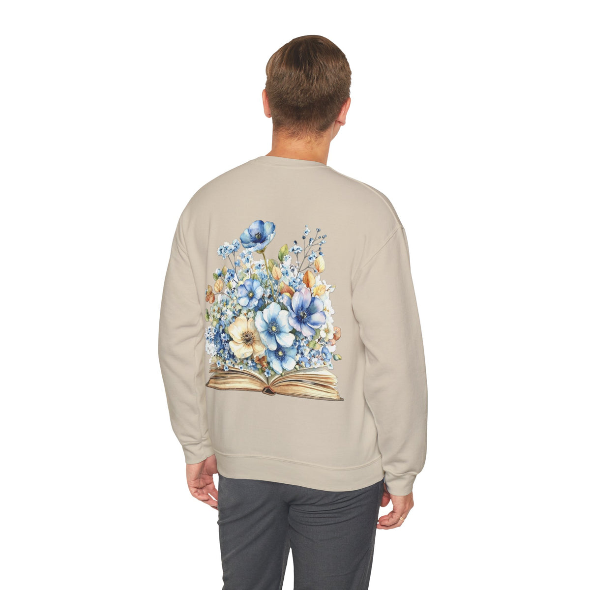 ORVIAN — Blue Watercolor Floral Book Crewneck, Open Book Wildflower Literary Unisex Heavy Blend