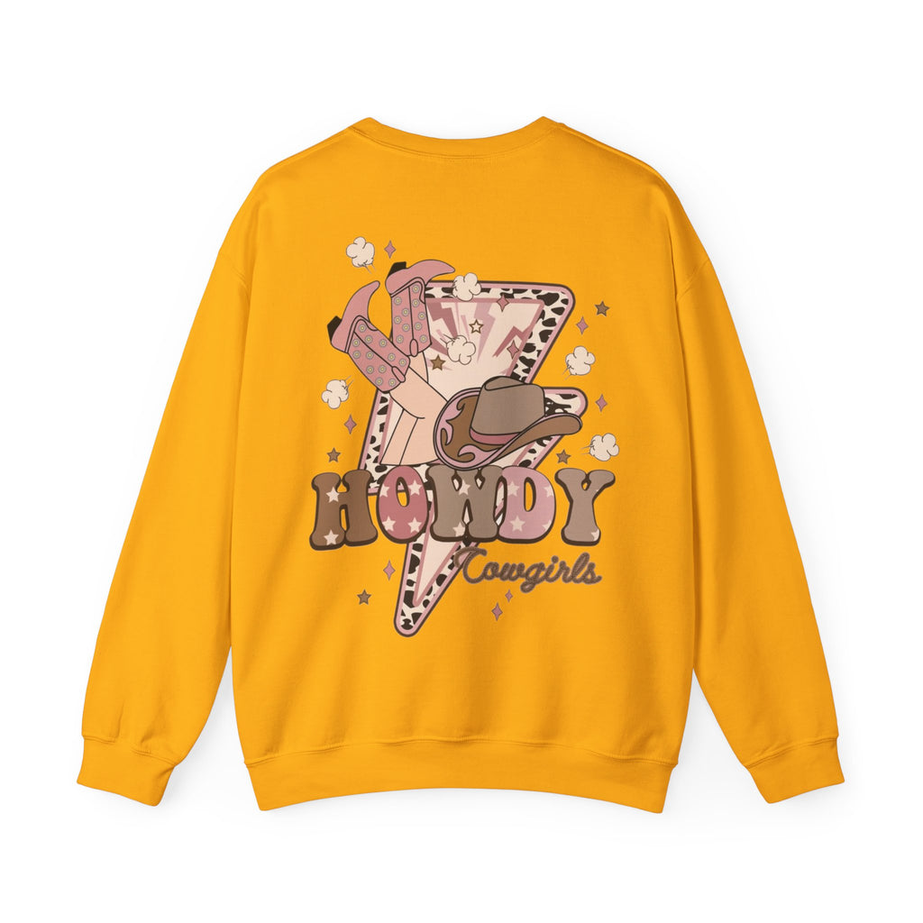 ORVIAN — Howdy Cowgirls Western Crewneck, Leopard Lightning Bolt & Cowgirl Boots Unisex Heavy Blend