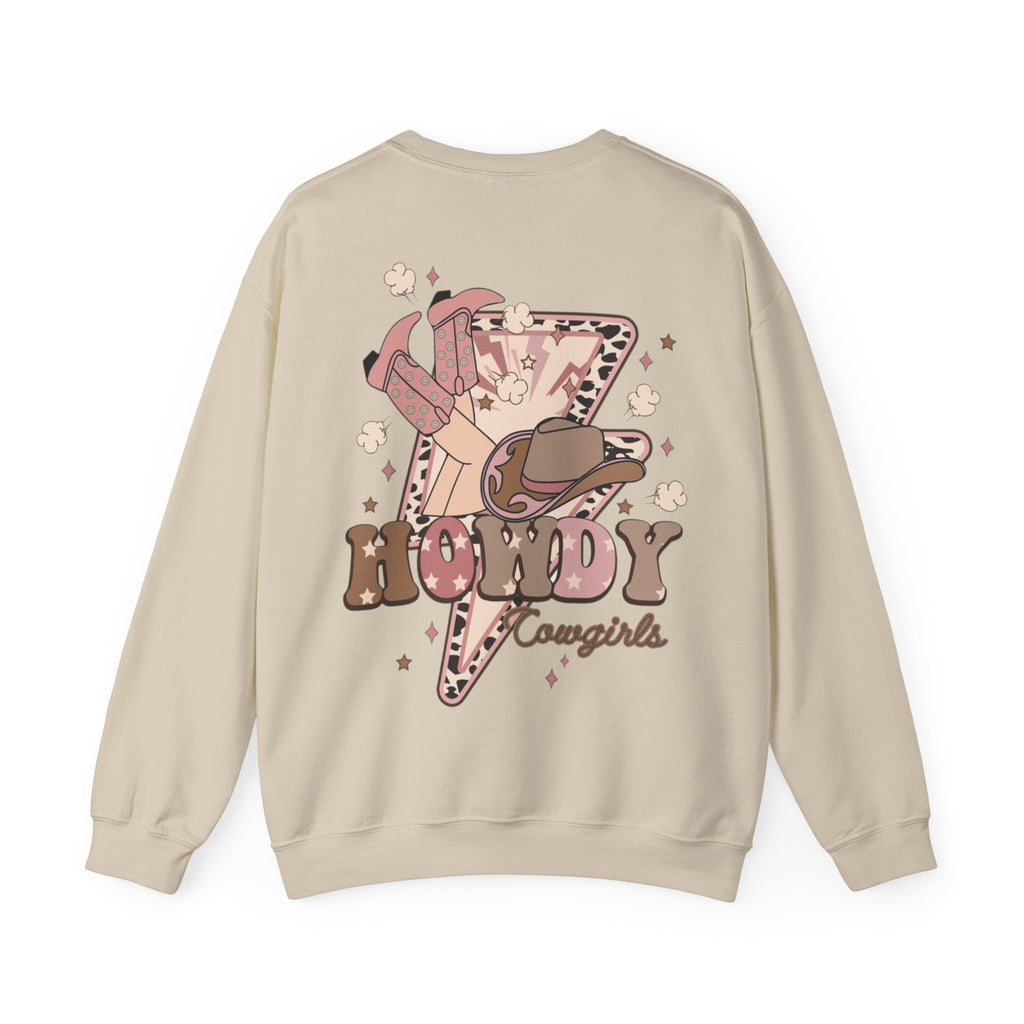 ORVIAN — Howdy Cowgirls Western Crewneck, Leopard Lightning Bolt & Cowgirl Boots Unisex Heavy Blend