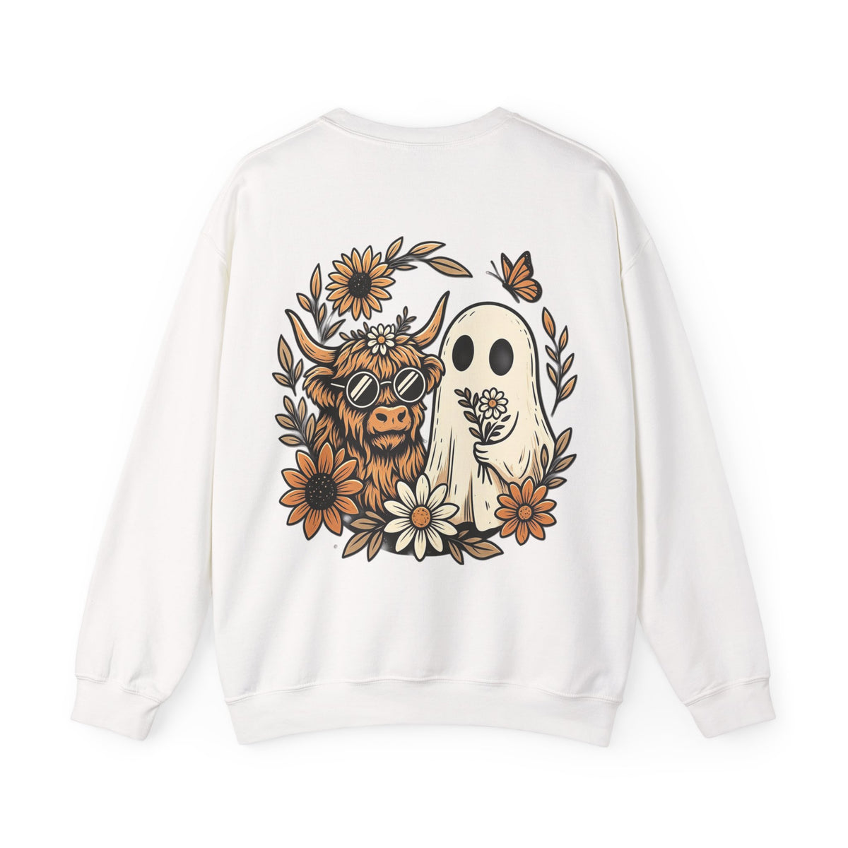 ORVIAN — Highland Cow & Cute Ghost Western Floral Crewneck, Spooky Unisex Sweatshirt
