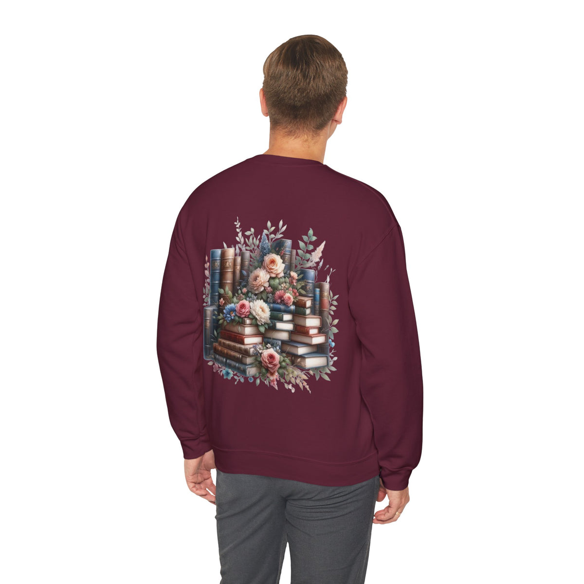 ORVIAN — Blue Watercolor Floral Book Crewneck, Open Book Wildflower Literary Unisex Heavy Blend