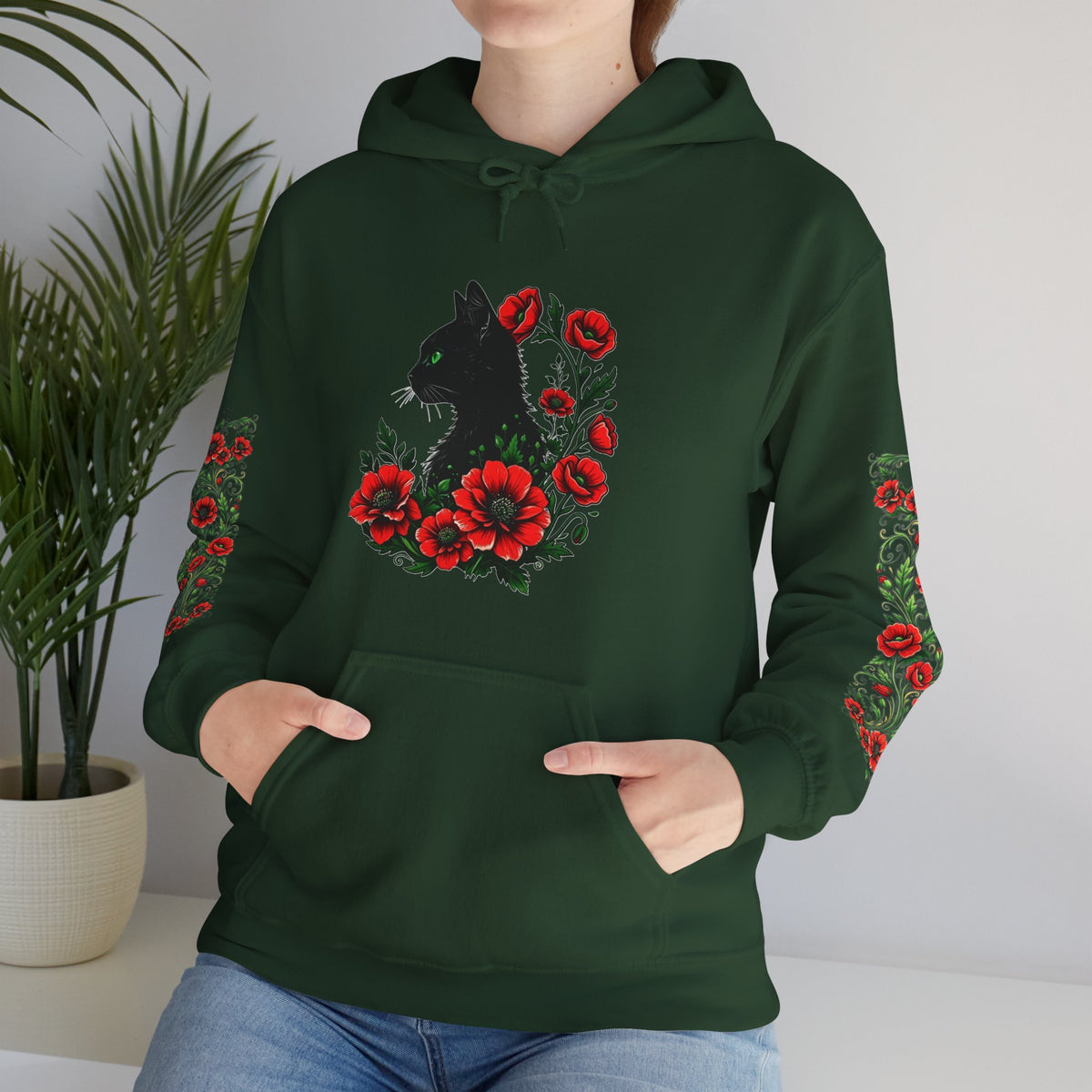 ORVIAN — Black Cat & Red Poppies Unisex Heavy Blend Hoodie