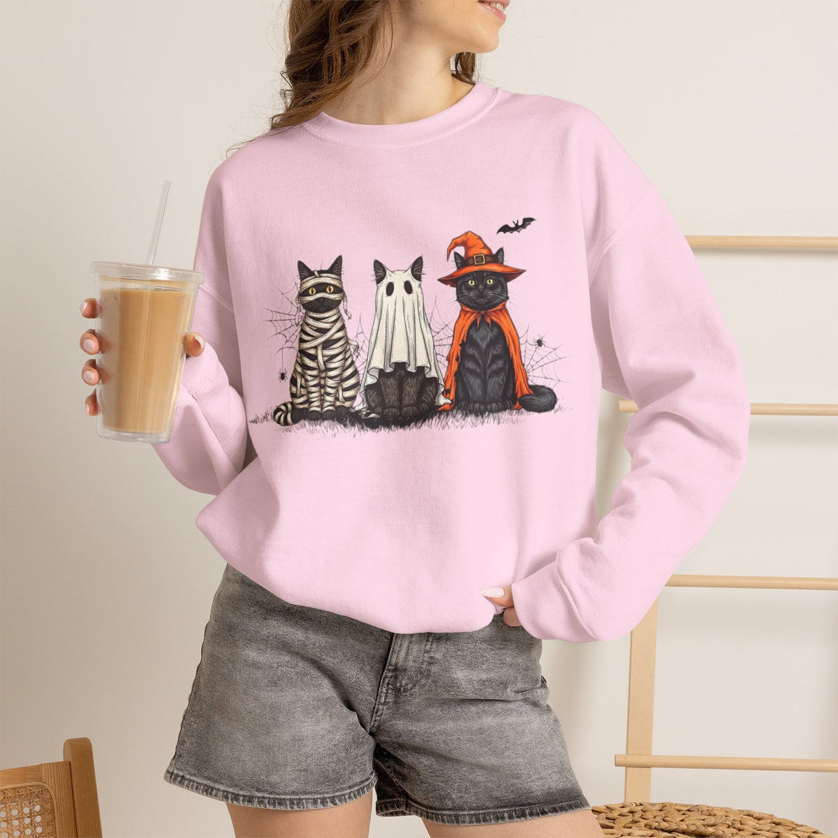 ORVIAN — Halloween Cats & Ghosts Crewneck, Spooky Cute Black Cat Unisex Sweatshirt
