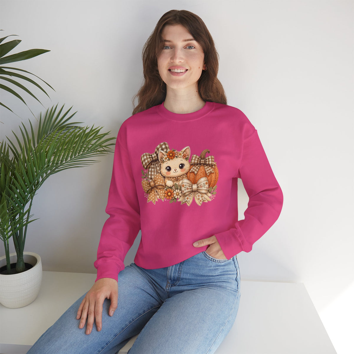 ORVIAN — Fall Kitten & Coquette Ghost Crewneck, Gingham Pumpkin Autumn Unisex Heavy Blend