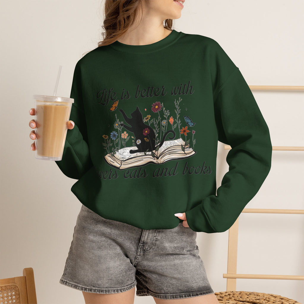 ORVIAN — Life Is Better With Flowers, Cats & Books Crewneck, Black Cat Book Stack Unisex
