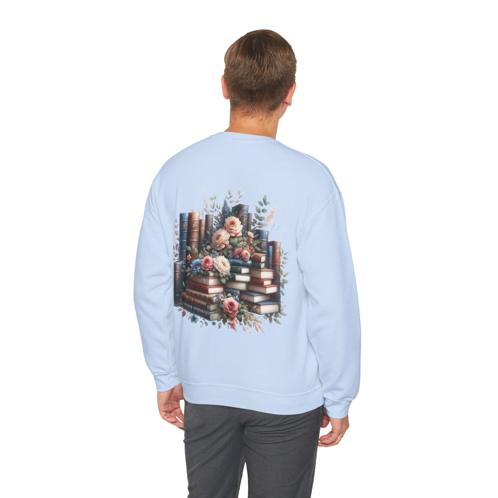 ORVIAN — Blue Watercolor Floral Book Crewneck, Open Book Wildflower Literary Unisex Heavy Blend