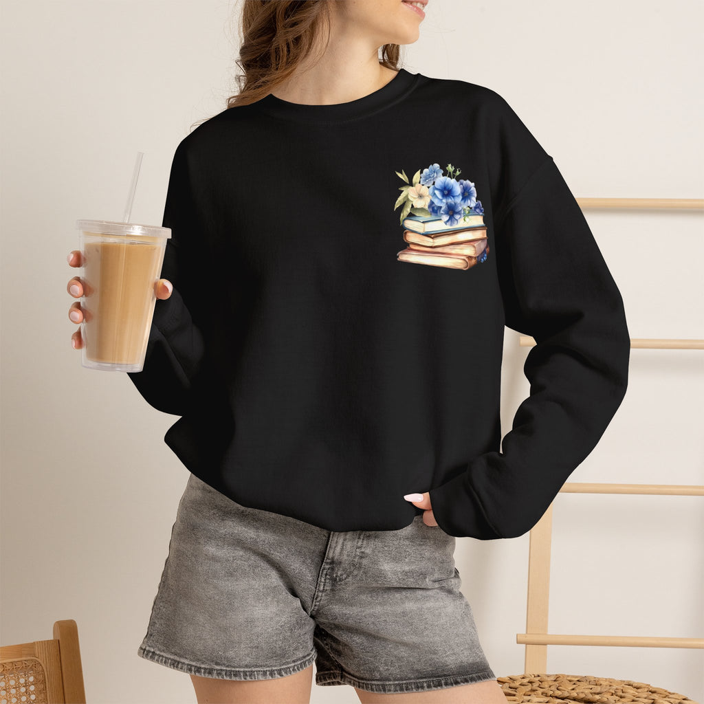 ORVIAN — Blue Watercolor Floral Book Crewneck, Open Book Wildflower Literary Unisex Heavy Blend