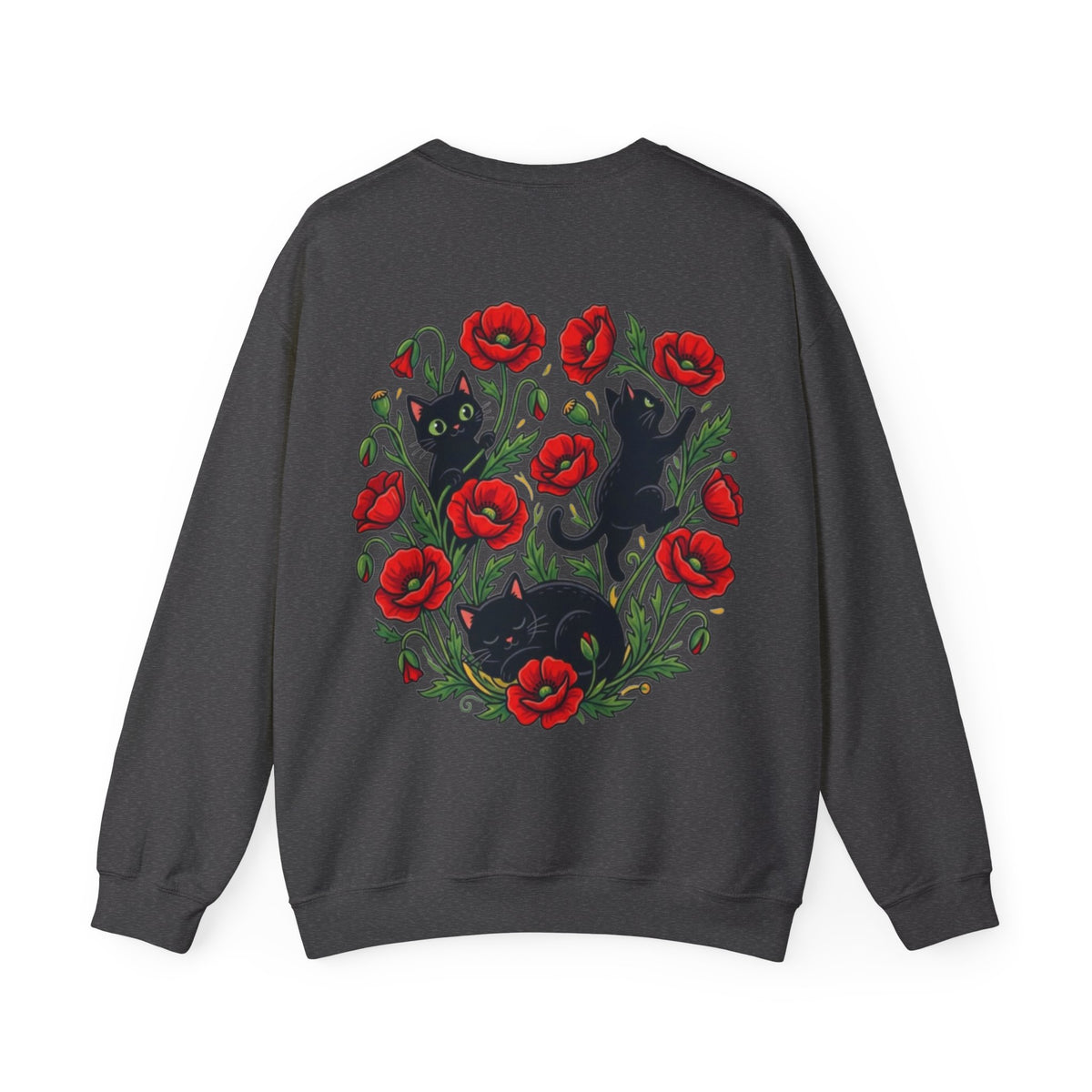 ORVIAN — Black Cat & Red Poppies Floral Crewneck, Elegant Nature Unisex Heavy Blend