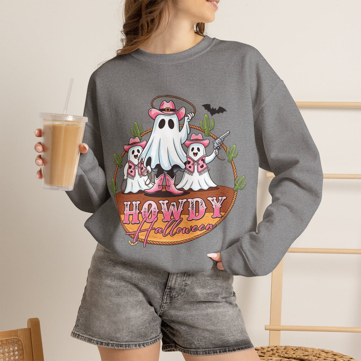 ORVIAN — Howdy Halloween Ghost Cowboy Crewneck, Pink Cowboo Western Unisex Heavy Blend