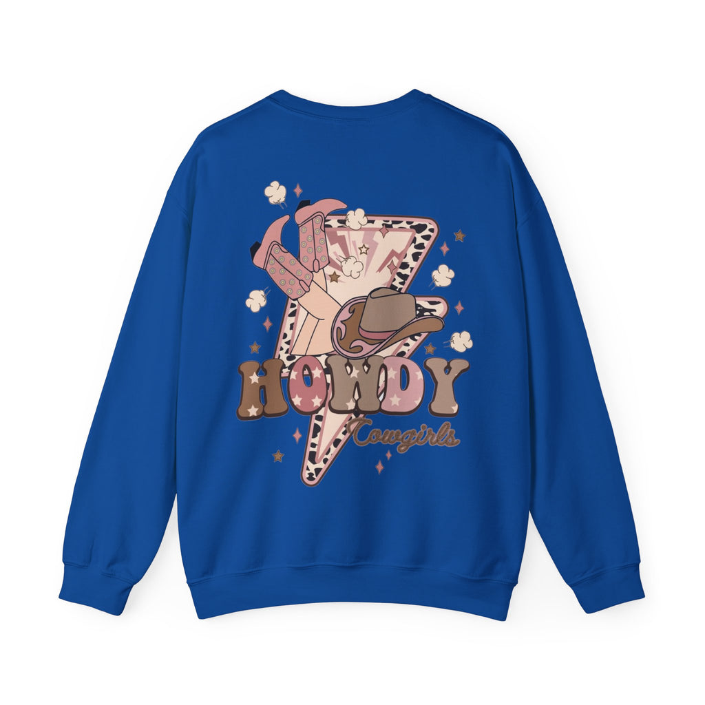 ORVIAN — Howdy Cowgirls Western Crewneck, Leopard Lightning Bolt & Cowgirl Boots Unisex Heavy Blend