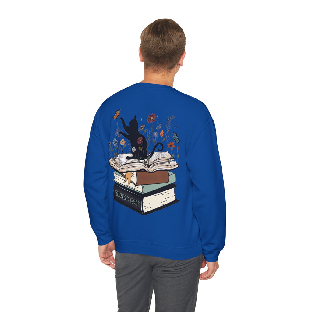 ORVIAN — Life Is Better With Flowers, Cats & Books Crewneck, Black Cat Book Stack Unisex