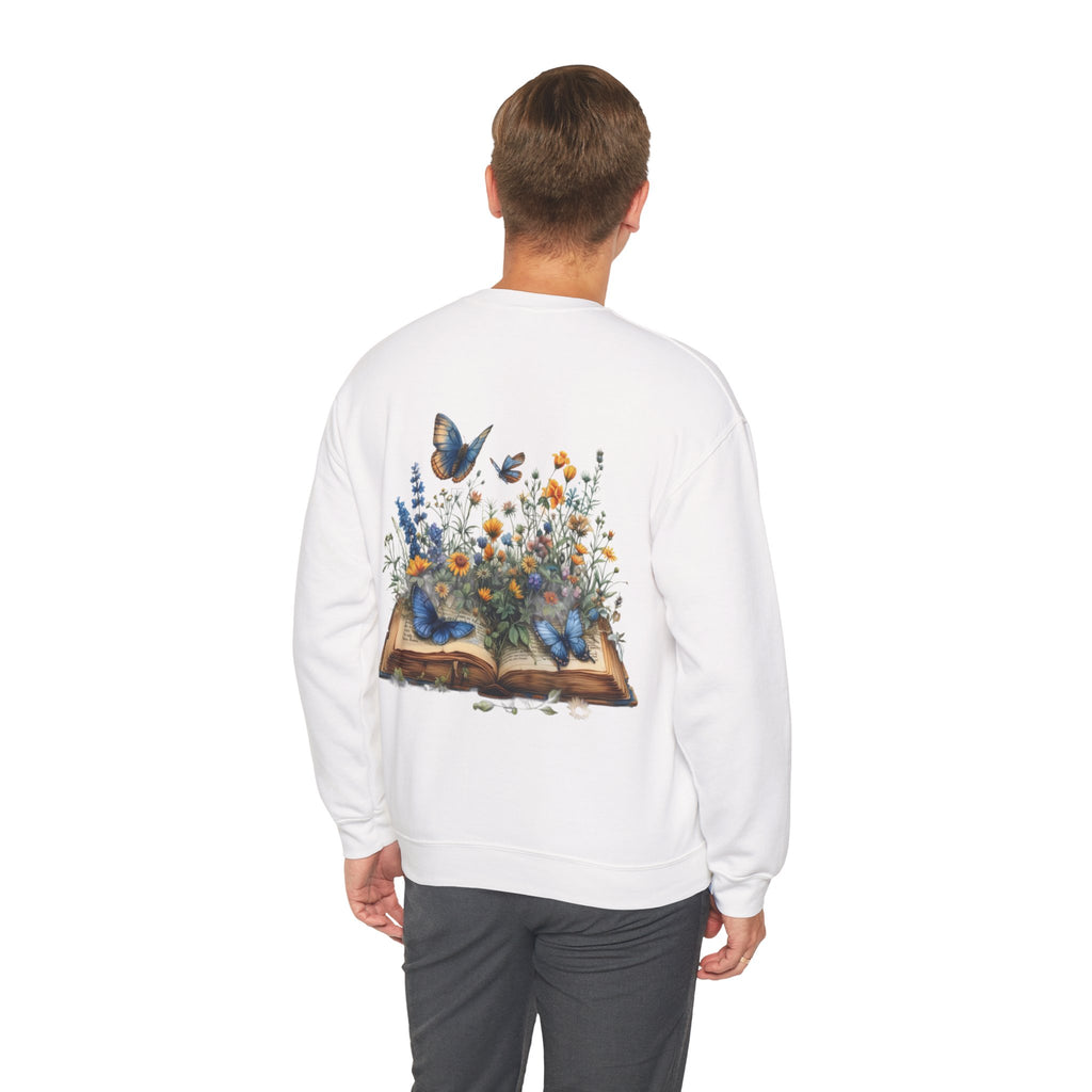 ORVIAN — Watercolor Floral Book & Butterfly Crewneck, Literary Nature Unisex Heavy Blend