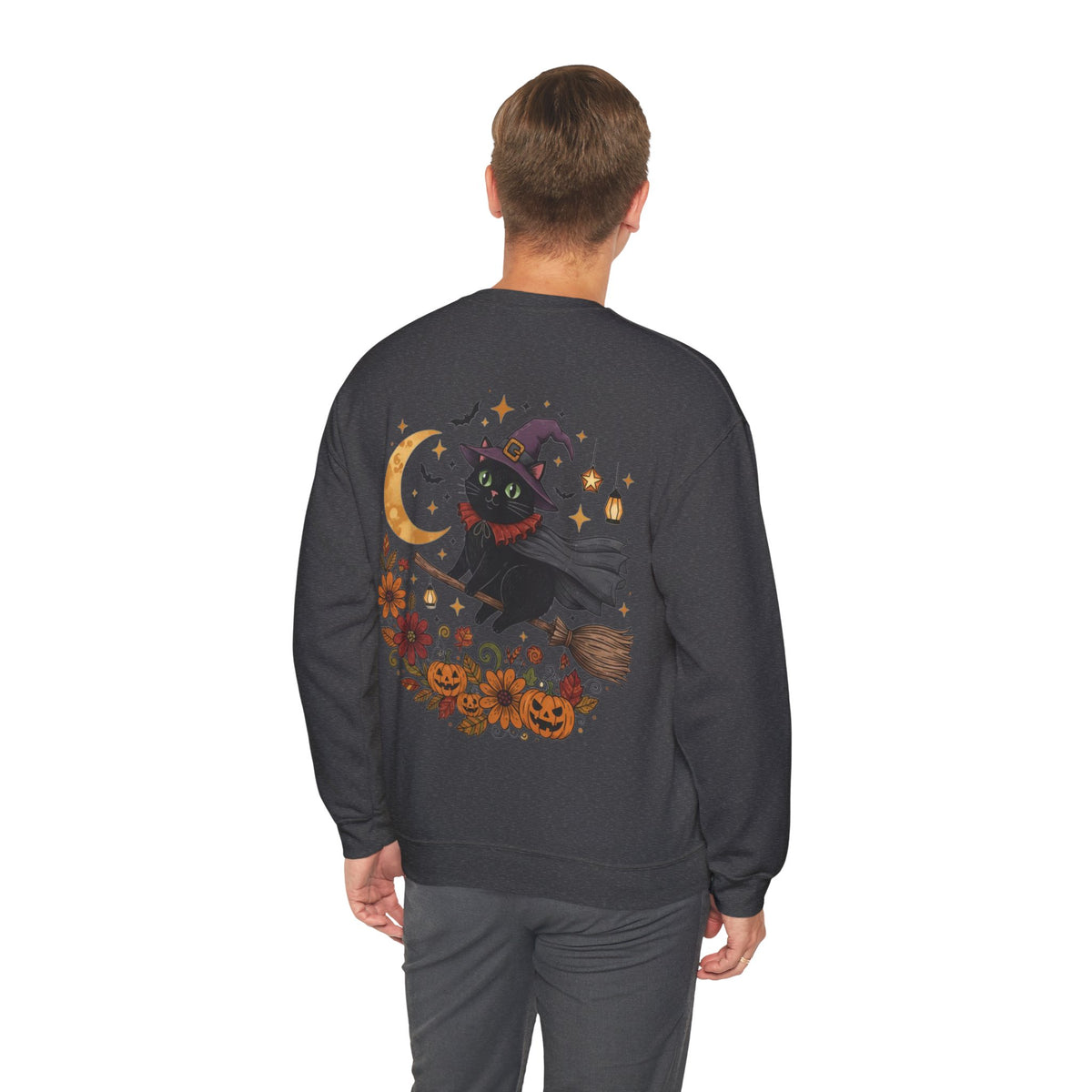 ORVIAN — Witch Cat Halloween Crewneck, Flying Black Cat & Pumpkin Patch Unisex Sweatshirt