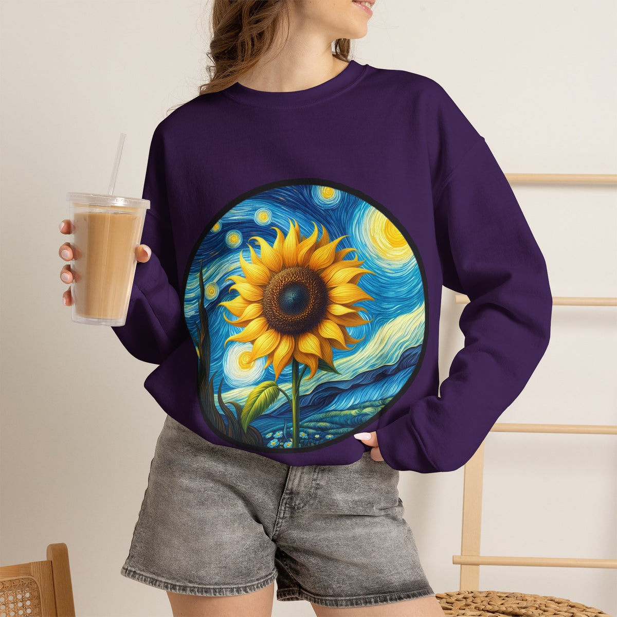 ORVIAN — Van Gogh Starry Night Sunflower & Artist Easel Crewneck, Art-Inspired Sweatshirt