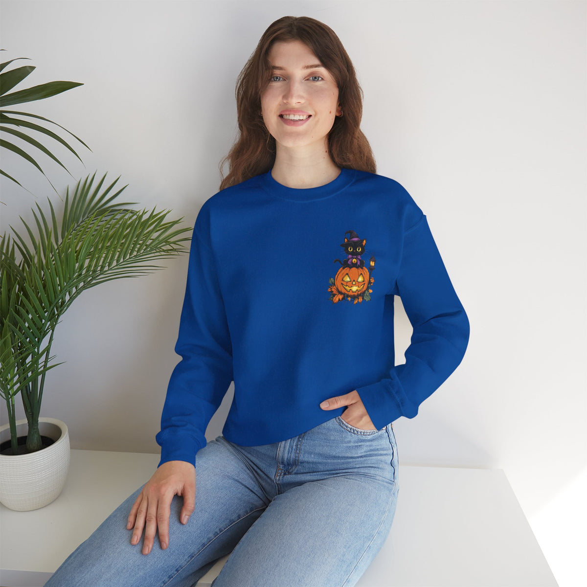 ORVIAN — Witch Cat Halloween Crewneck, Flying Black Cat & Pumpkin Patch Unisex Sweatshirt