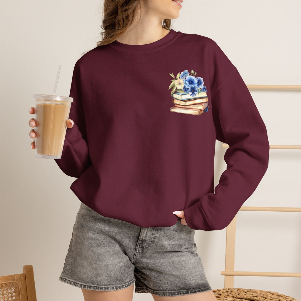 ORVIAN — Blue Watercolor Floral Book Crewneck, Open Book Wildflower Literary Unisex Heavy Blend