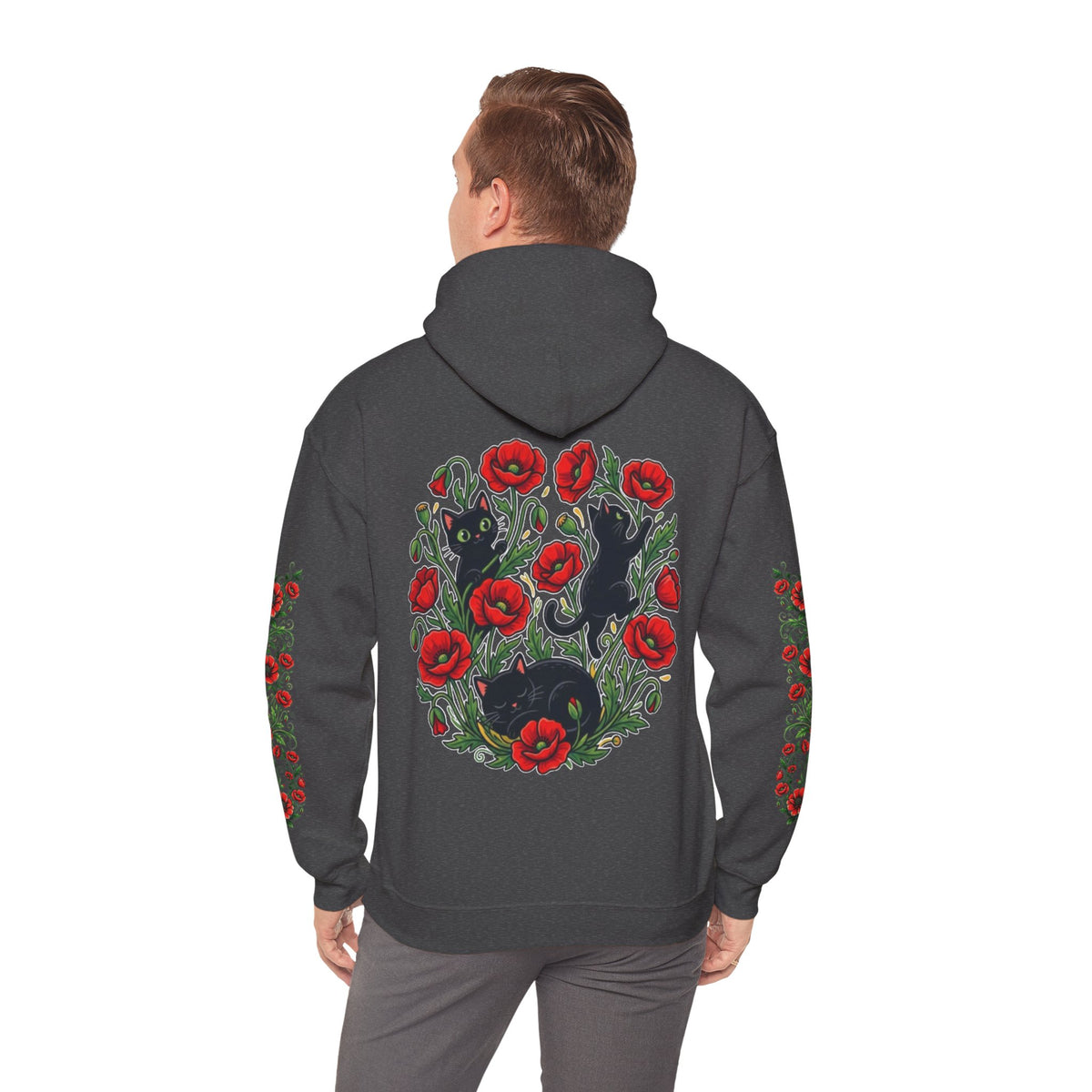 ORVIAN — Black Cat & Red Poppies Unisex Heavy Blend Hoodie