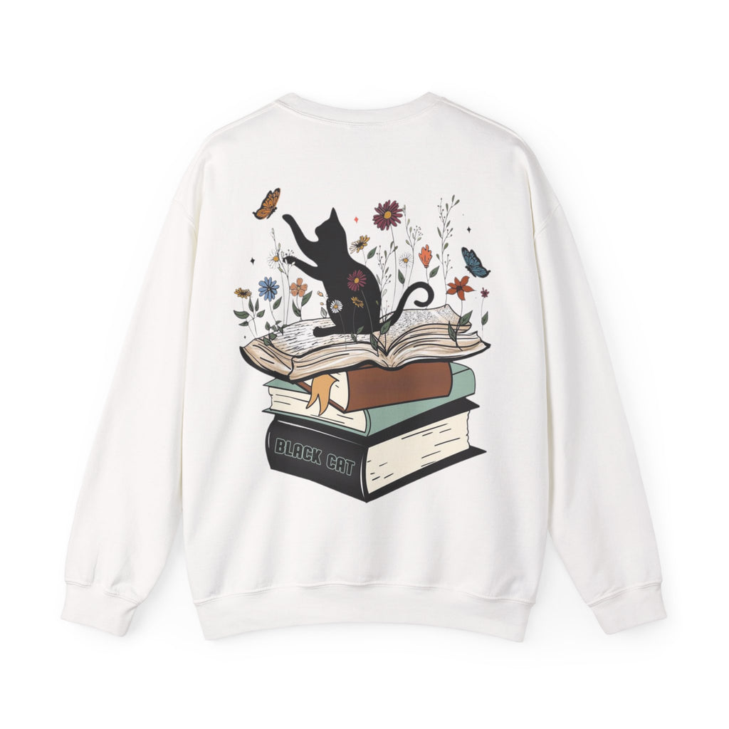 ORVIAN — Life Is Better With Flowers, Cats & Books Crewneck, Black Cat Book Stack Unisex