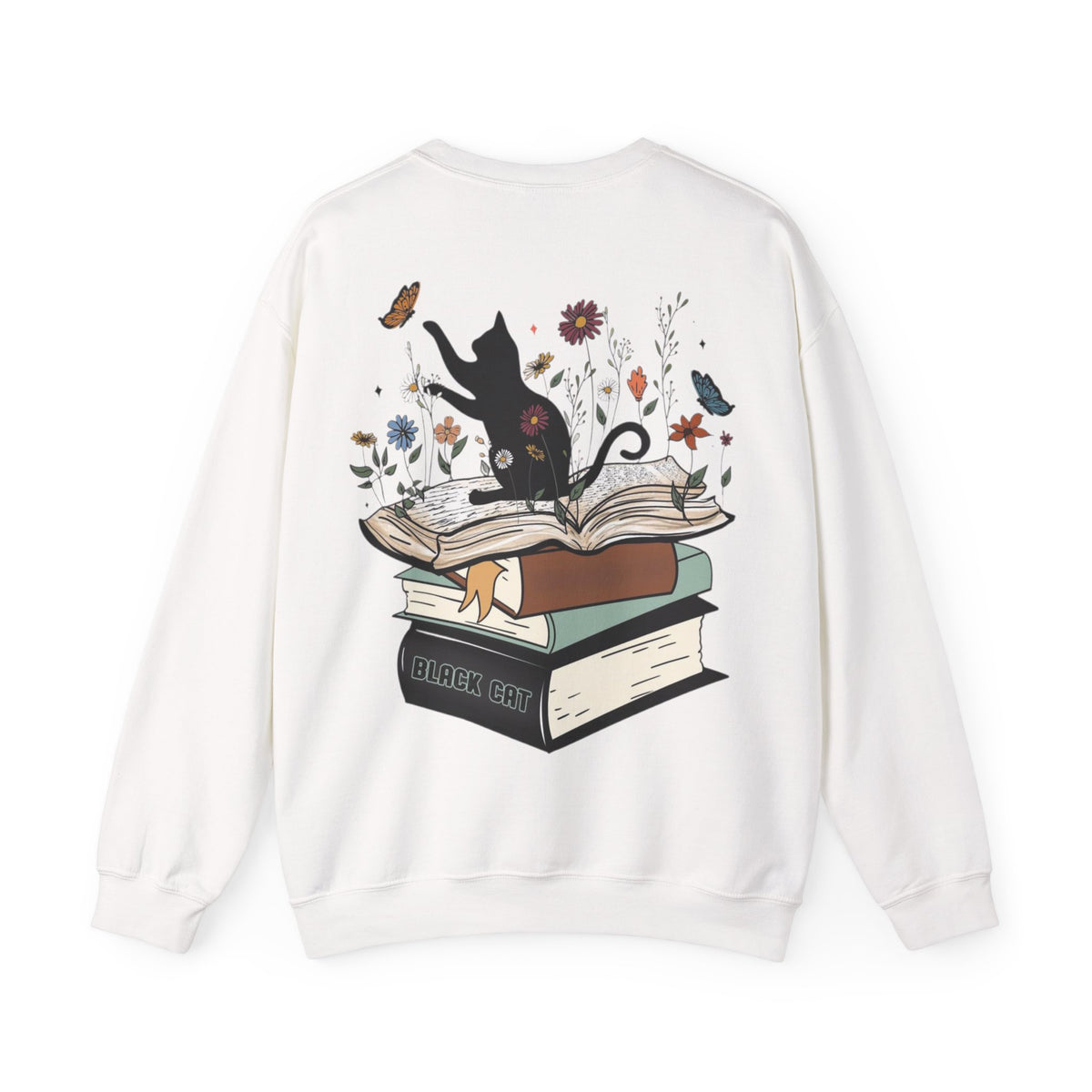 ORVIAN — Life Is Better With Flowers, Cats & Books Crewneck, Black Cat Book Stack Unisex