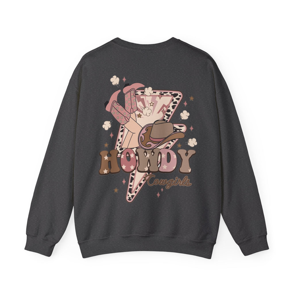 ORVIAN — Howdy Cowgirls Western Crewneck, Leopard Lightning Bolt & Cowgirl Boots Unisex Heavy Blend