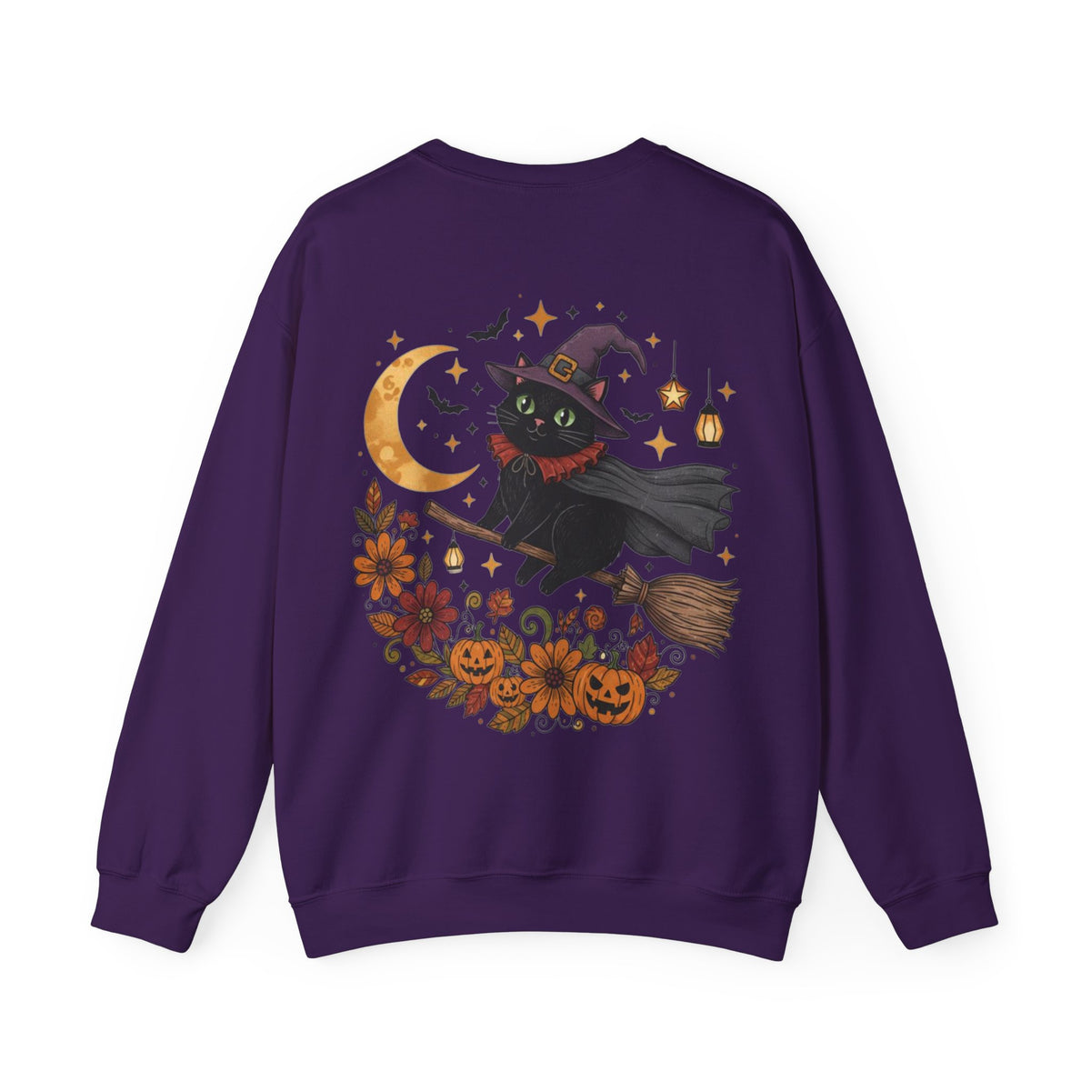 ORVIAN — Witch Cat Halloween Crewneck, Flying Black Cat & Pumpkin Patch Unisex Sweatshirt