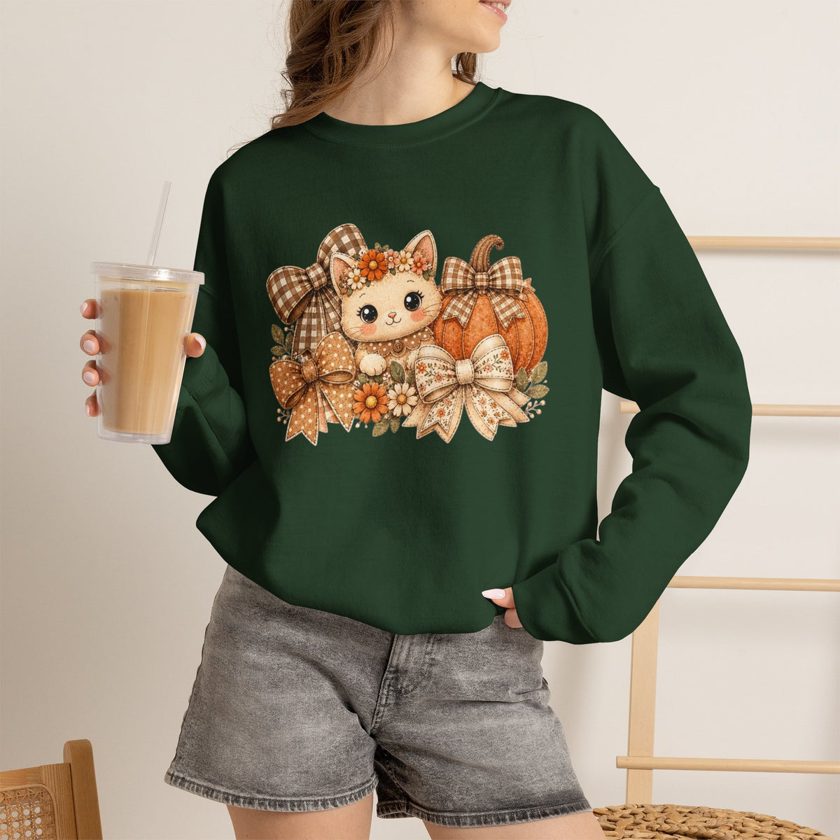 ORVIAN — Fall Kitten & Coquette Ghost Crewneck, Gingham Pumpkin Autumn Unisex Heavy Blend
