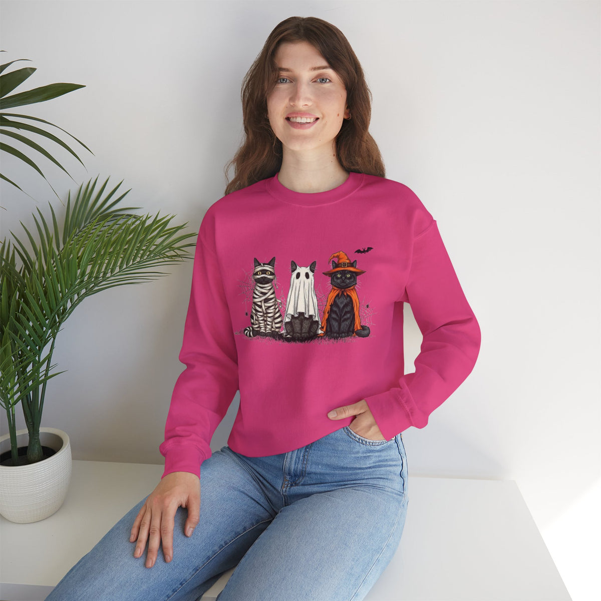 ORVIAN — Halloween Cats & Ghosts Crewneck, Spooky Cute Black Cat Unisex Sweatshirt