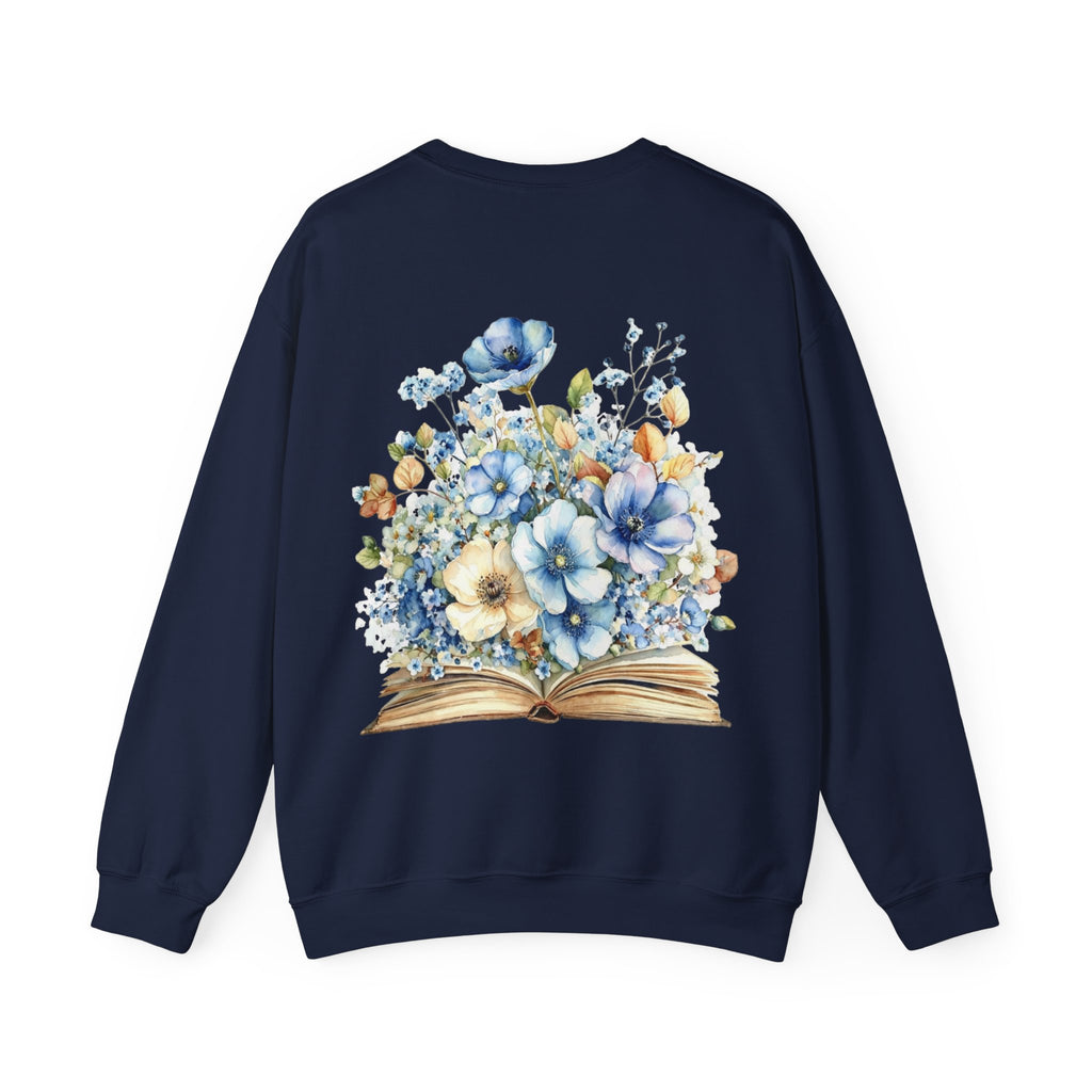 ORVIAN — Blue Watercolor Floral Book Crewneck, Open Book Wildflower Literary Unisex Heavy Blend