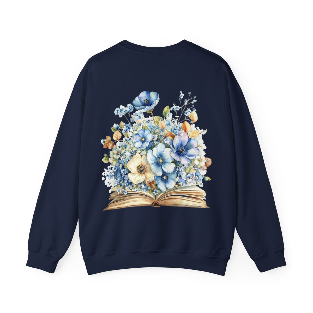 ORVIAN — Blue Watercolor Floral Book Crewneck, Open Book Wildflower Literary Unisex Heavy Blend