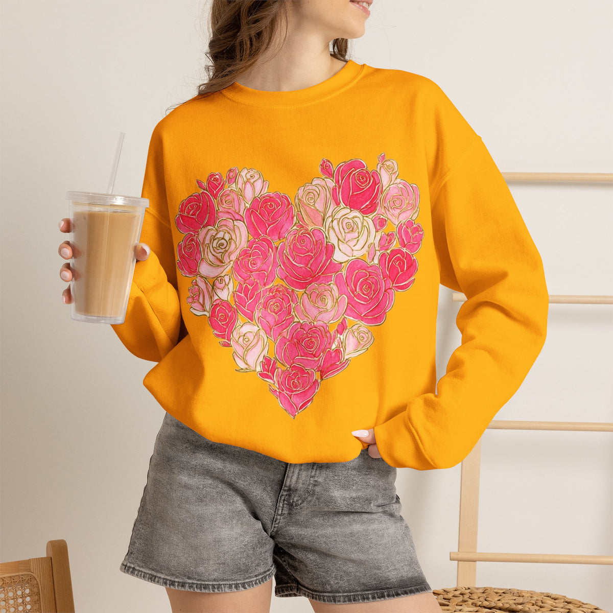 ORVIAN — Floral Rose Heart Crewneck, Romantic Pink Flower Valentine Sweatshirt, Unisex Heavy Blend