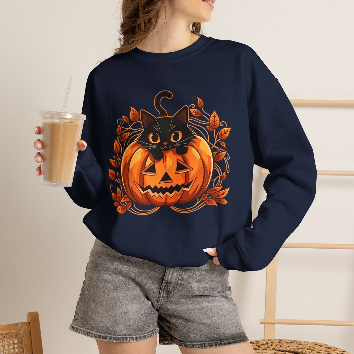 ORVIAN — Black Cat & Pumpkin Halloween Crewneck, Ghost & Coquette Bow Unisex Heavy Blend
