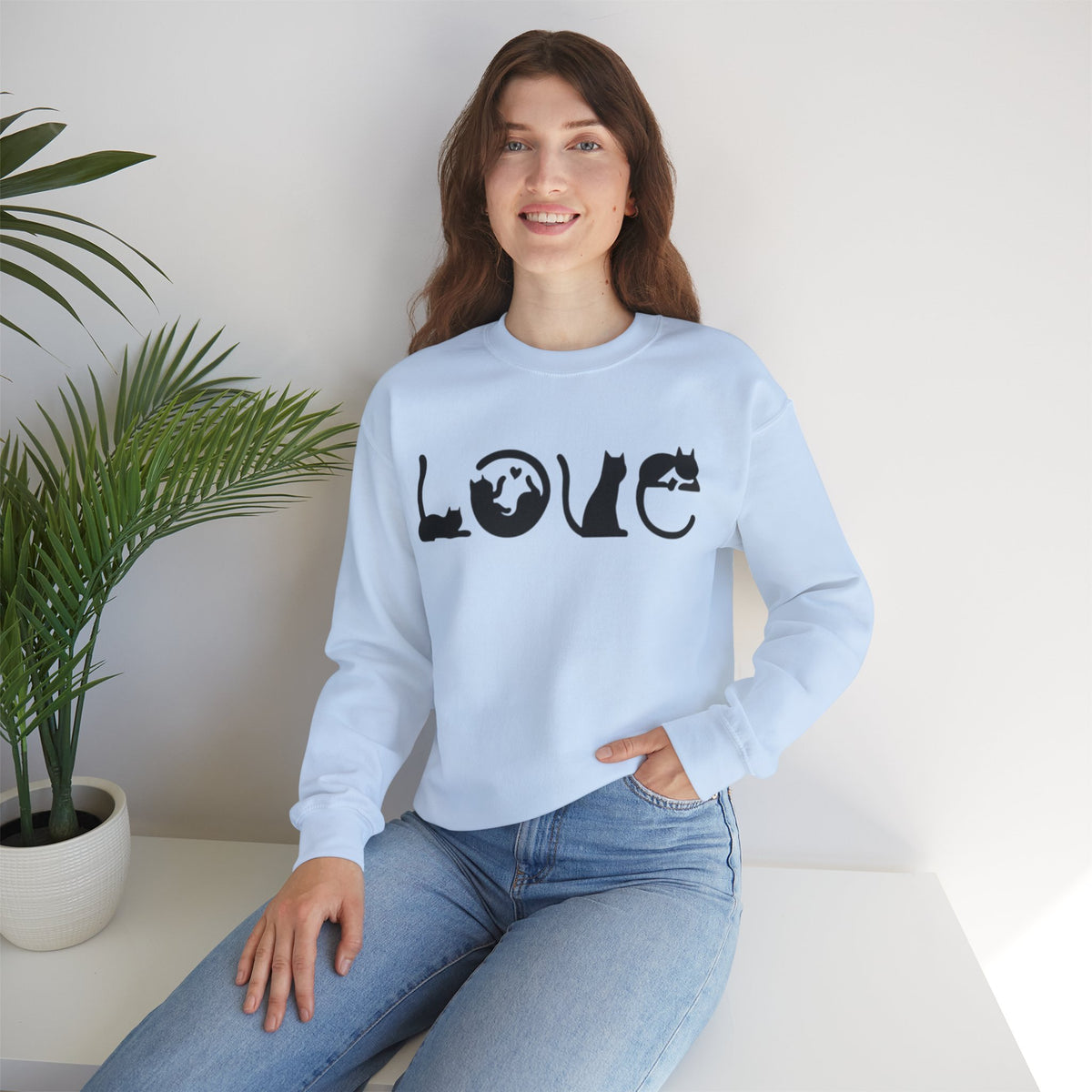 ORVIAN — LOVE Cat Silhouette & Heart-Shaped Cats Crewneck, Cat Lover Unisex Heavy Blend