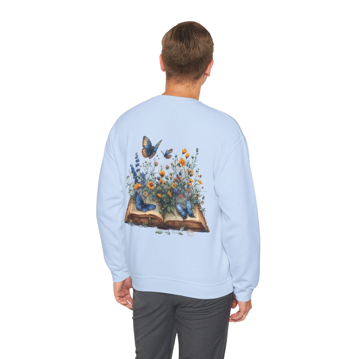ORVIAN — Watercolor Floral Book & Butterfly Crewneck, Literary Nature Unisex Heavy Blend