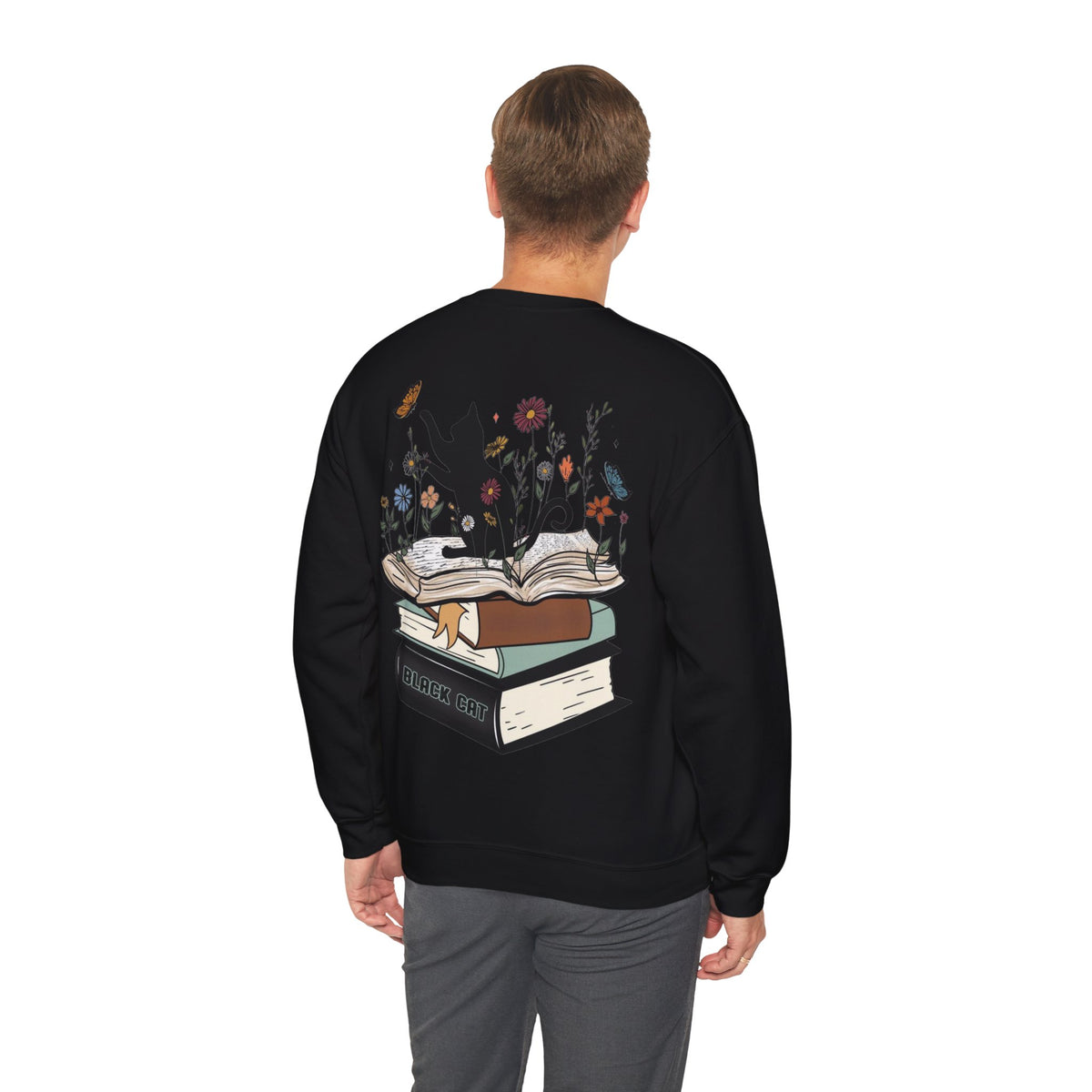 ORVIAN — Life Is Better With Flowers, Cats & Books Crewneck, Black Cat Book Stack Unisex