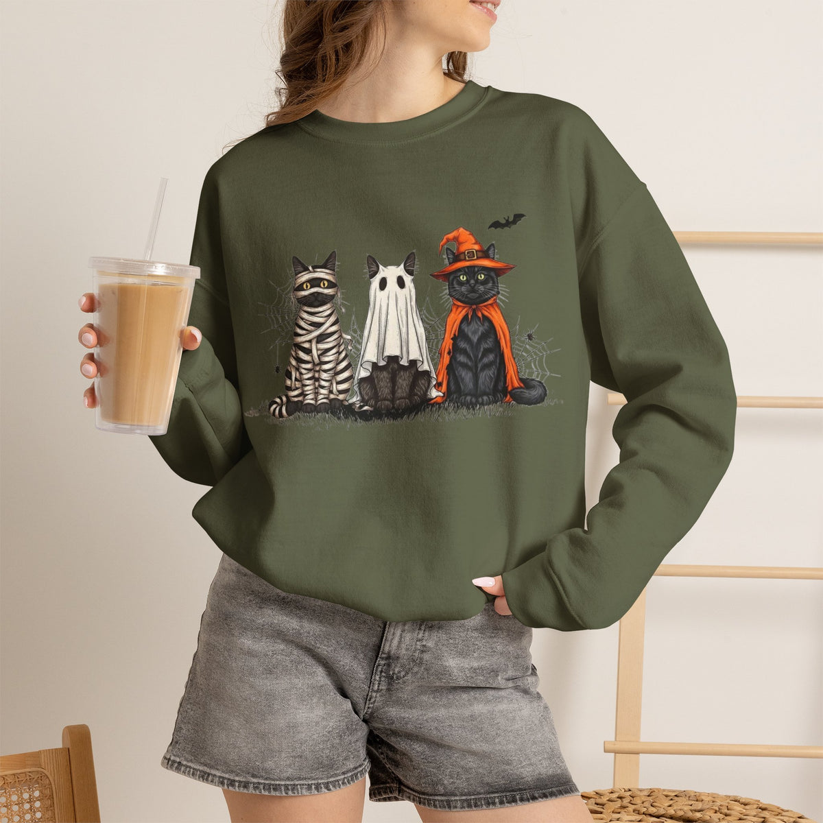 ORVIAN — Halloween Cats & Ghosts Crewneck, Spooky Cute Black Cat Unisex Sweatshirt