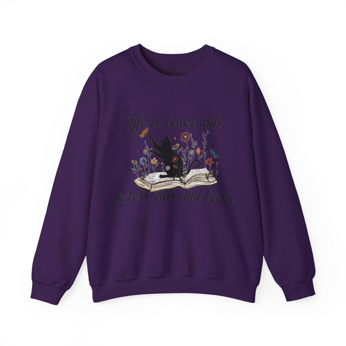 ORVIAN — Life Is Better With Flowers, Cats & Books Crewneck, Black Cat Book Stack Unisex