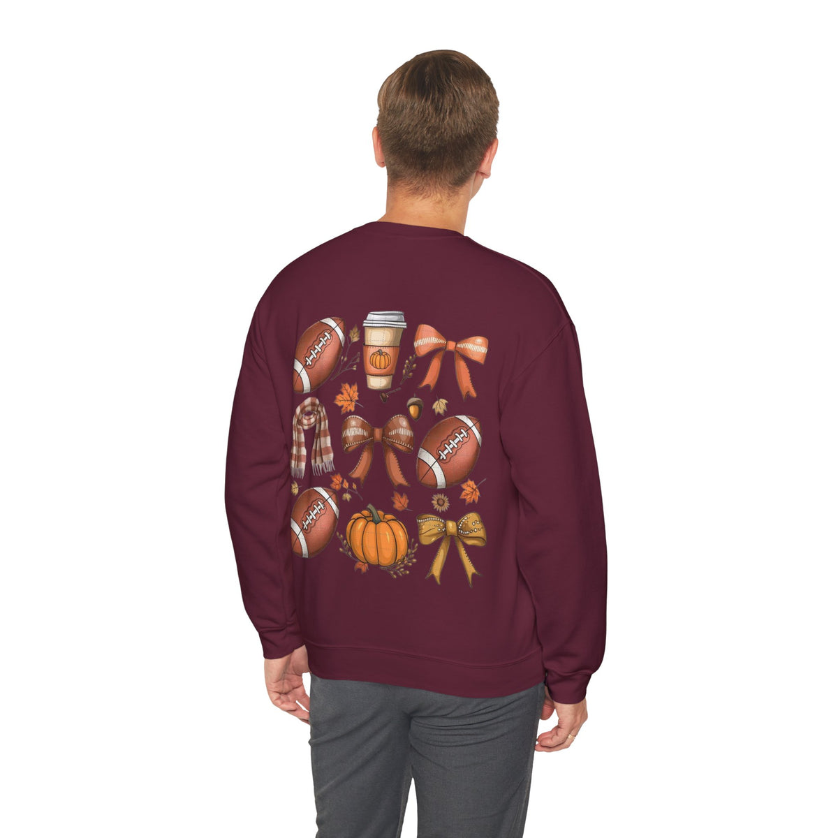 ORVIAN — Coquette Fall Bow & Football Crewneck, Pumpkin Spice Game Day Unisex Heavy Blend