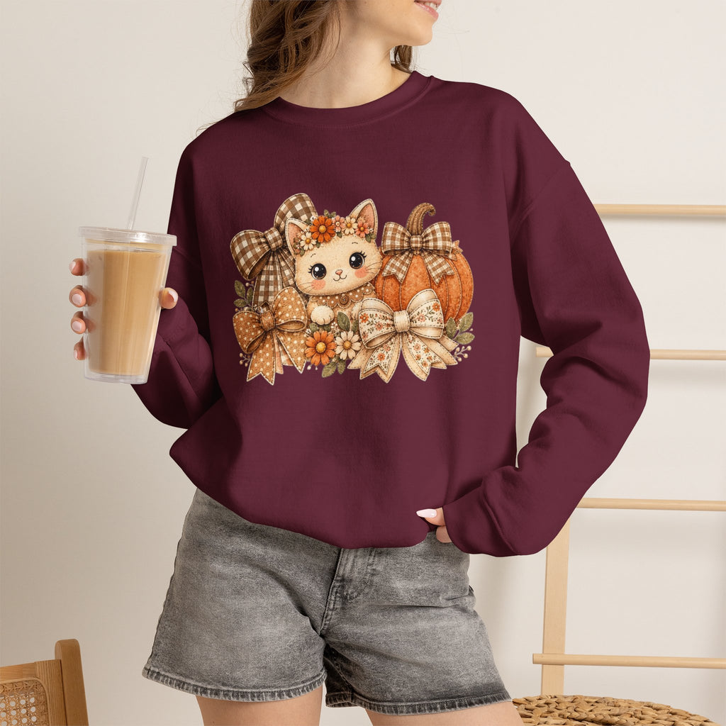ORVIAN — Fall Kitten & Coquette Ghost Crewneck, Gingham Pumpkin Autumn Unisex Heavy Blend