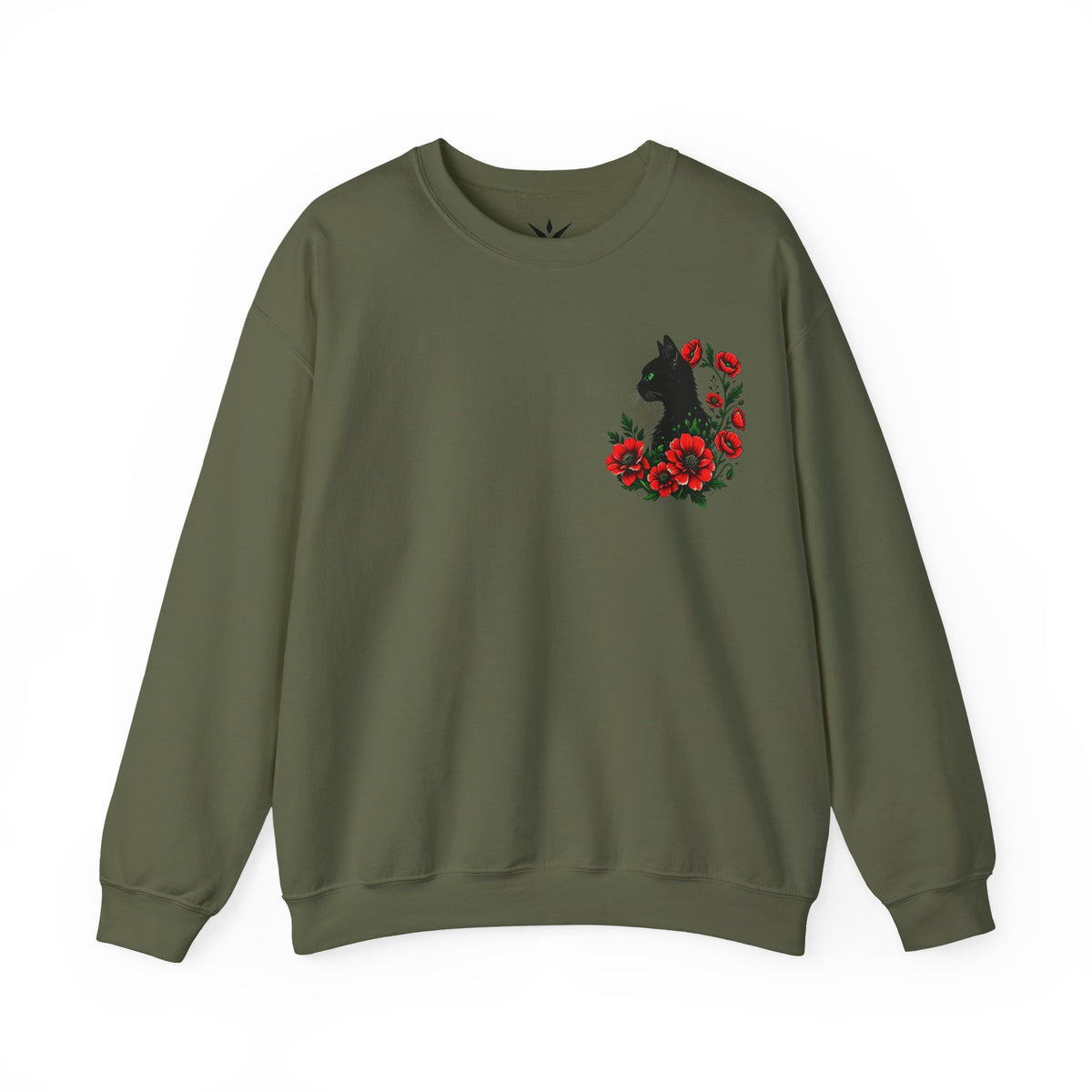ORVIAN — Black Cat & Red Poppies Floral Crewneck, Elegant Nature Unisex Heavy Blend