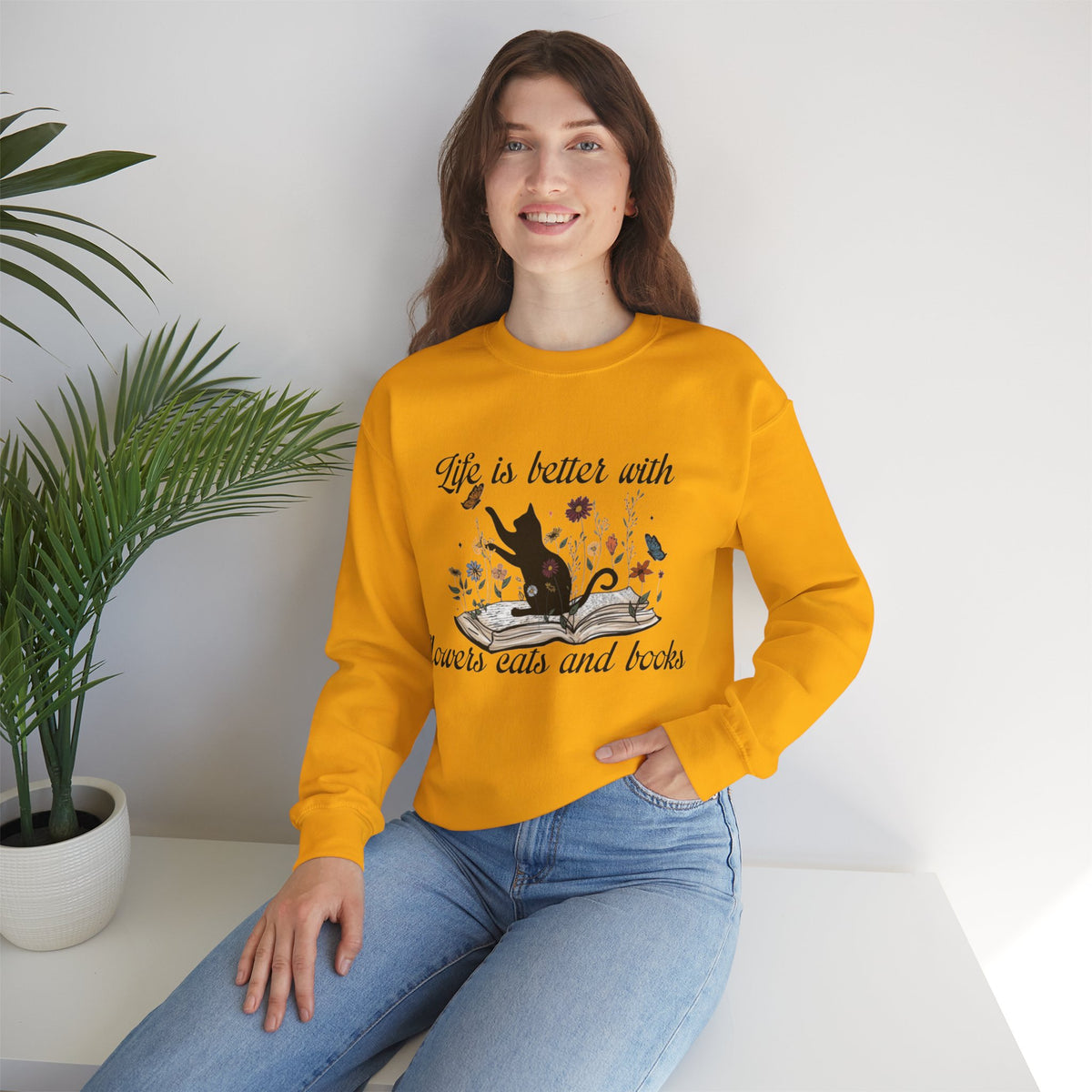 ORVIAN — Life Is Better With Flowers, Cats & Books Crewneck, Black Cat Book Stack Unisex