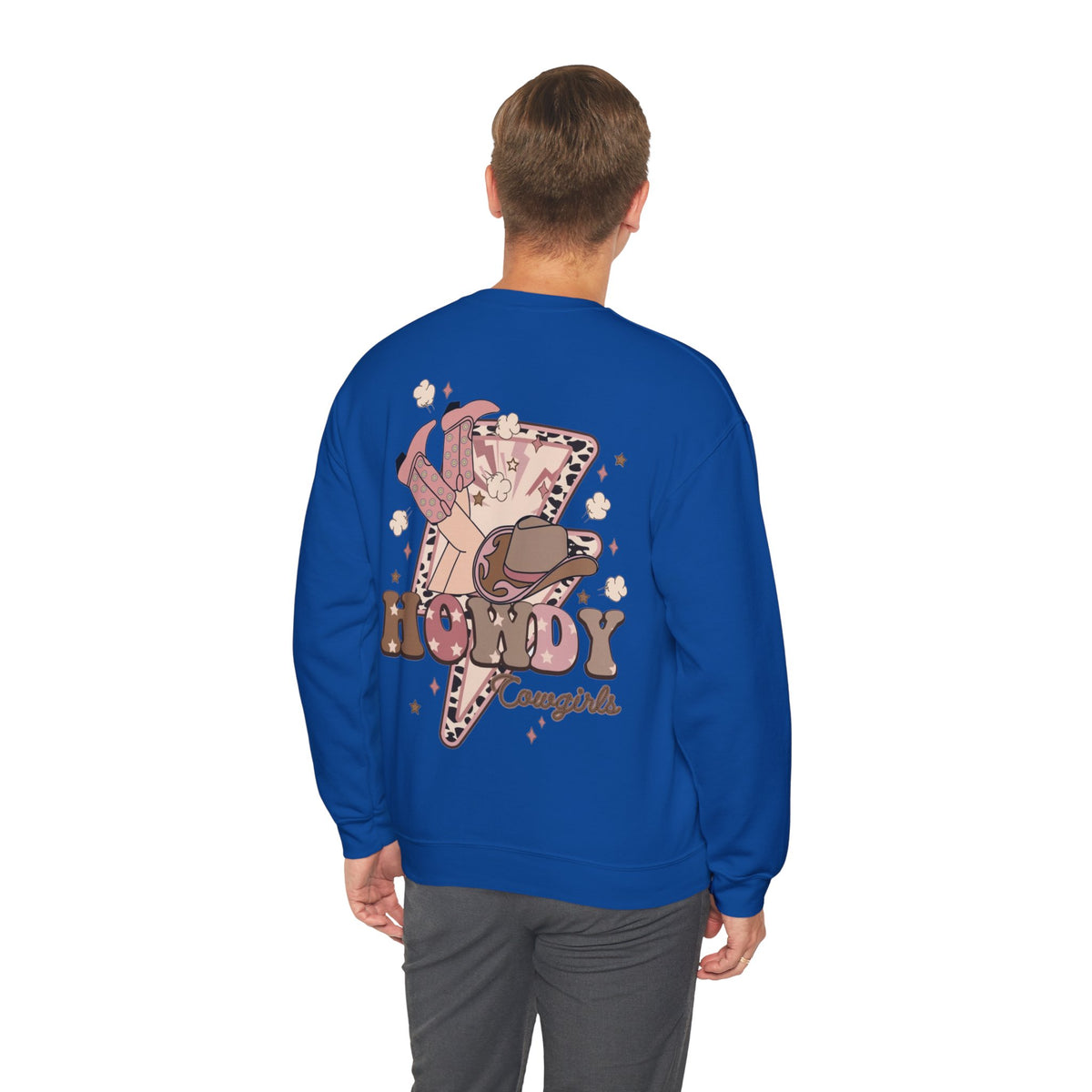 ORVIAN — Howdy Cowgirls Western Crewneck, Leopard Lightning Bolt & Cowgirl Boots Unisex Heavy Blend