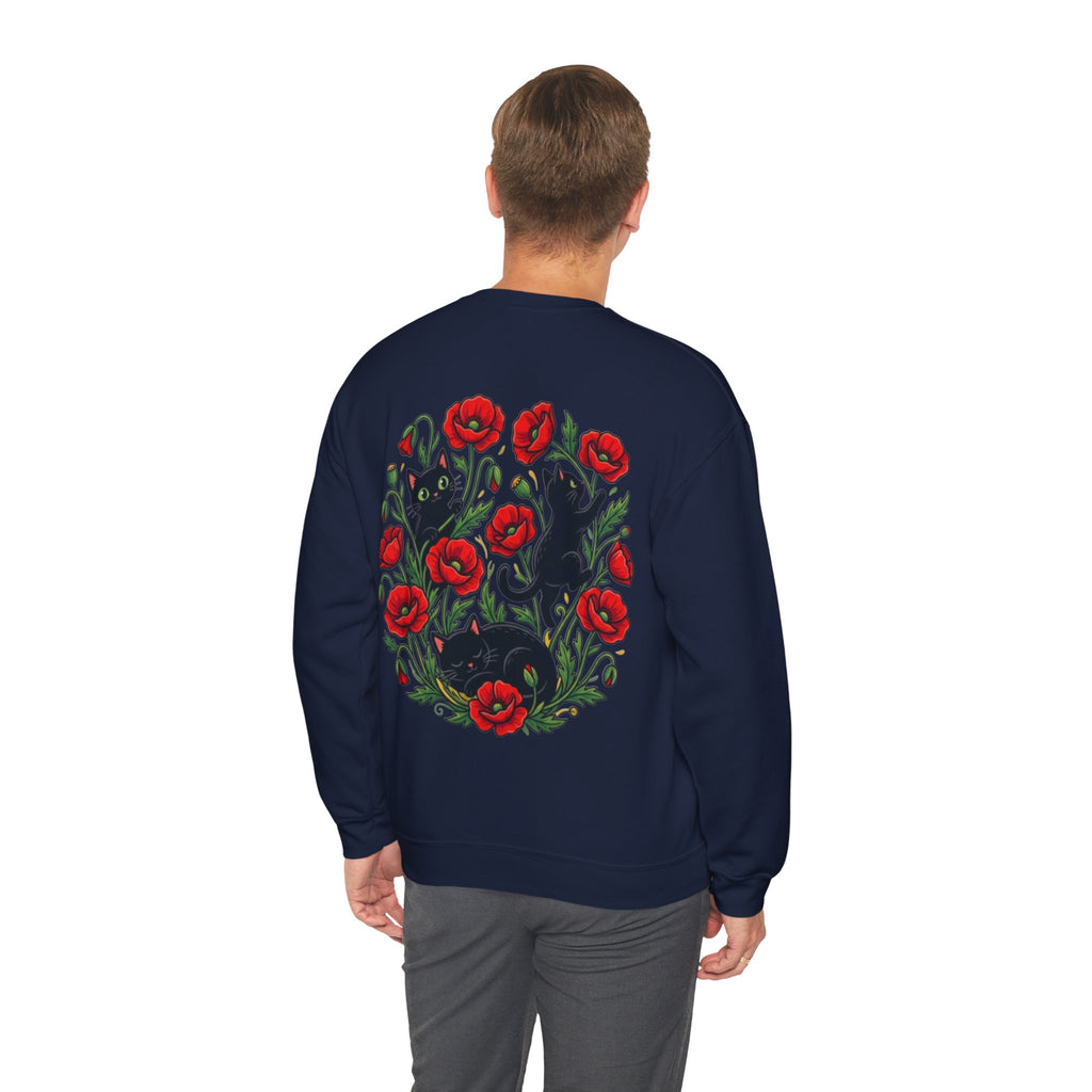ORVIAN — Black Cat & Red Poppies Floral Crewneck, Elegant Nature Unisex Heavy Blend