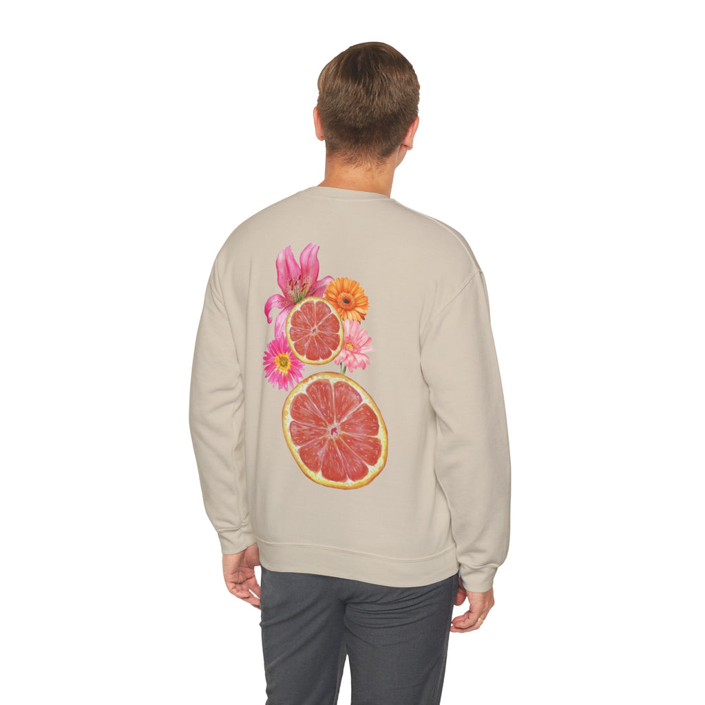 ORVIAN — Tropical Citrus & Pink Floral Crewneck, Grapefruit Orange Watercolor Unisex Heavy Blend