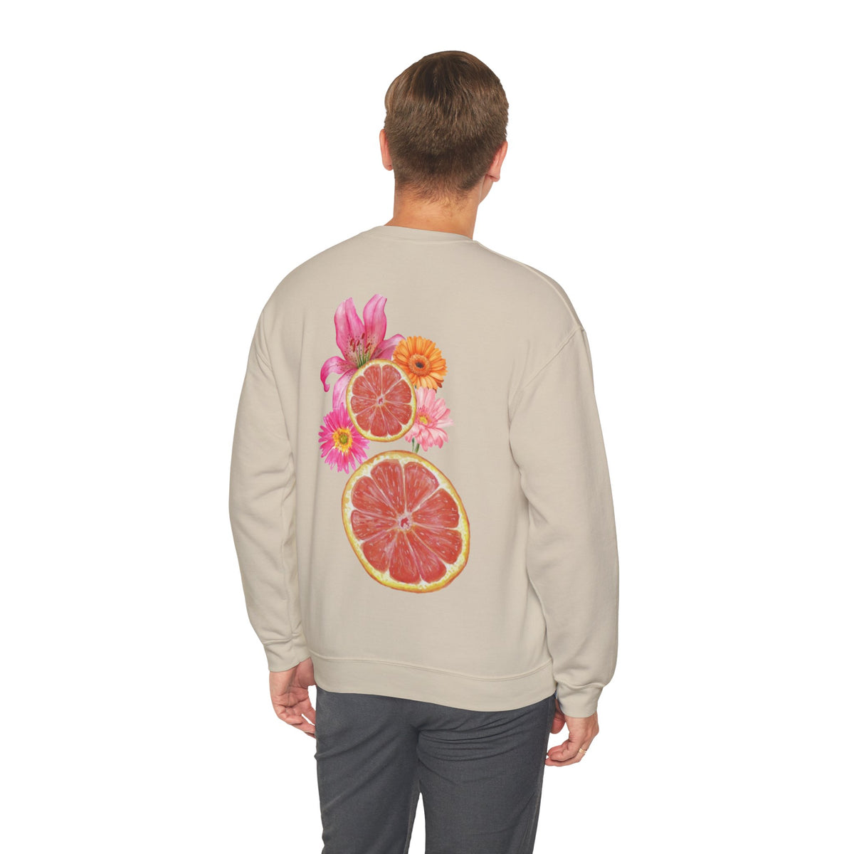 ORVIAN — Tropical Citrus & Pink Floral Crewneck, Grapefruit Orange Watercolor Unisex Heavy Blend