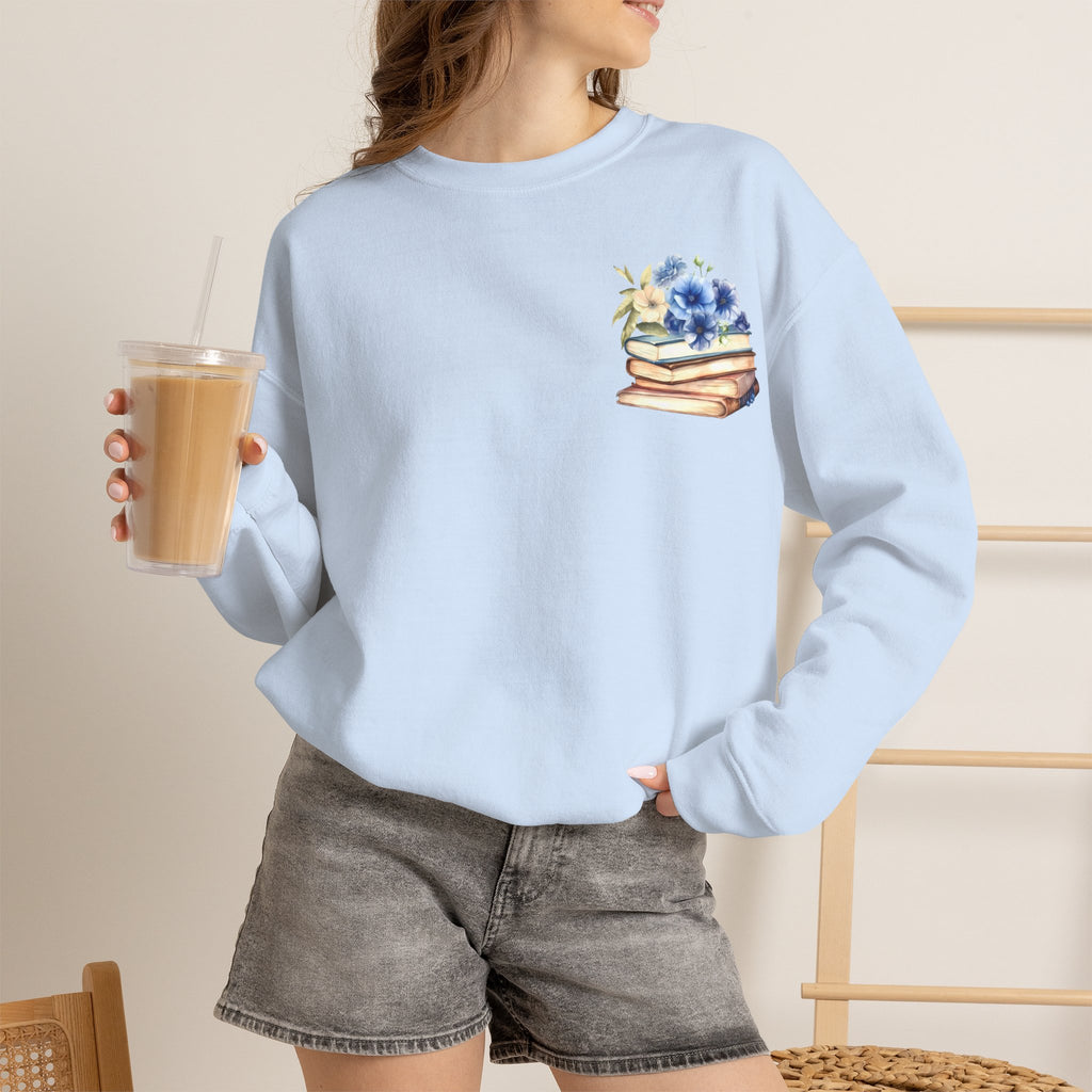 ORVIAN — Blue Watercolor Floral Book Crewneck, Open Book Wildflower Literary Unisex Heavy Blend