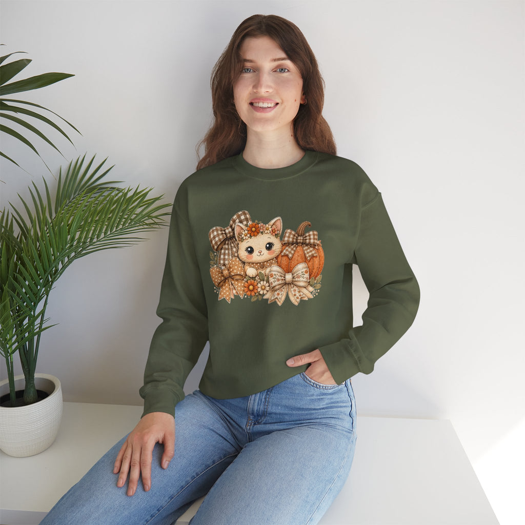 ORVIAN — Fall Kitten & Coquette Ghost Crewneck, Gingham Pumpkin Autumn Unisex Heavy Blend