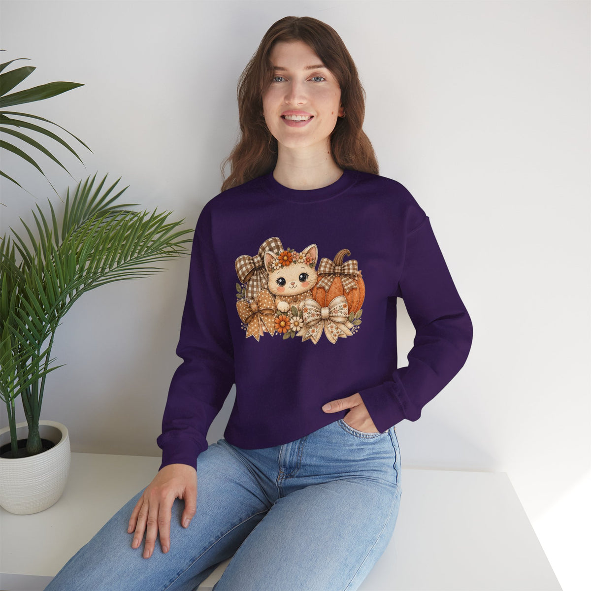 ORVIAN — Fall Kitten & Coquette Ghost Crewneck, Gingham Pumpkin Autumn Unisex Heavy Blend