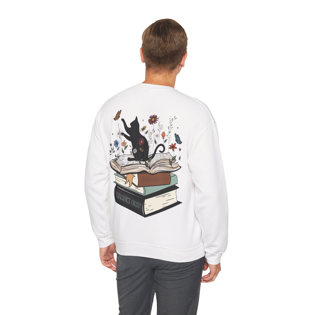 ORVIAN — Life Is Better With Flowers, Cats & Books Crewneck, Black Cat Book Stack Unisex