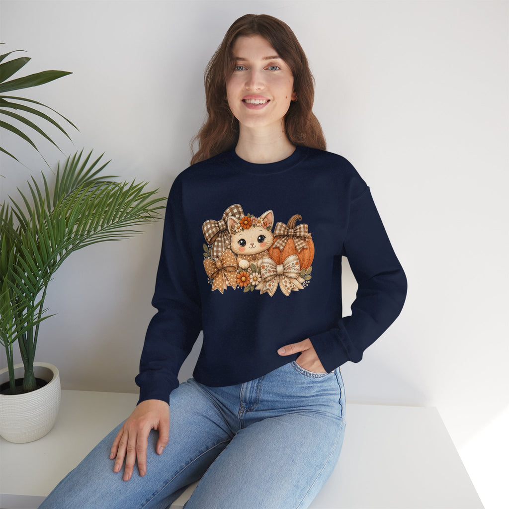 ORVIAN — Fall Kitten & Coquette Ghost Crewneck, Gingham Pumpkin Autumn Unisex Heavy Blend